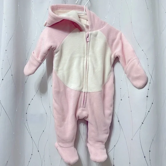 EUC Old Navy | pink, white infant’s unicorn snowsuit, zippered with flip mittens - Picture 1 of 7